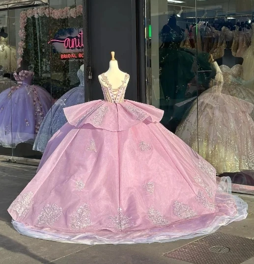 Luxury Exquisite Pink Princess Quinceanera Dresses Ruffles Puffy Applique Corset Off-Shoulder Vestido De 15 A&ntilde;os quincea&ntilde;eras