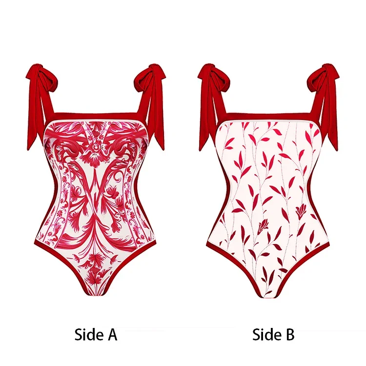 2023 Reversible Tie-shoulder Baroco Style Printed One Piece Swimsuit and Skirt  Swimwear Set Women Beachwear Luxury Bathing Suit