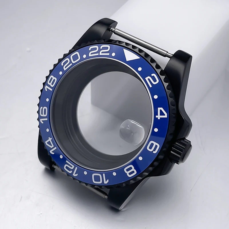 All-Black Sub Style Watch Case with Rubber Strap and Sapphire Crystal