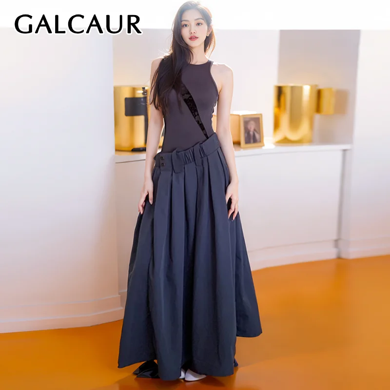 

GALCAUR Spliced Belt Dresses For Women O Neck Sleeveless Square Collar High Waist Elegant Patchwork Folds Loose Female Dress New