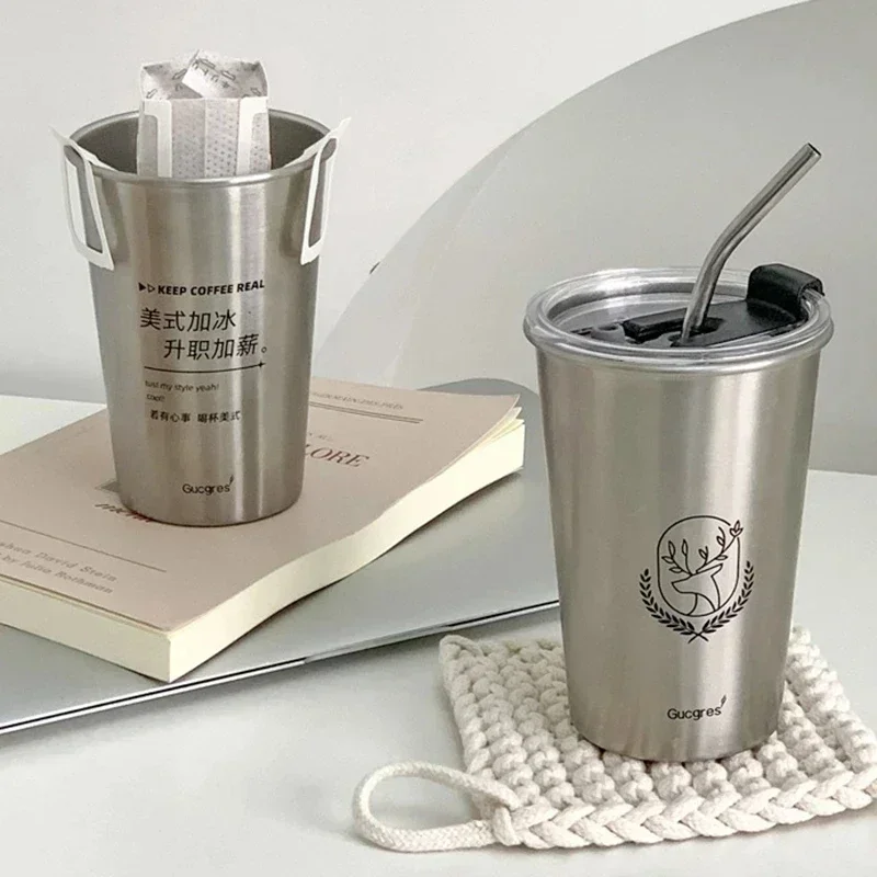New  Stainless Steel Coffee Mug with Straw Lid Portable Coffee Cup Drinking Beer Milk Water Cup Restaurant Bar Party 500ml 1