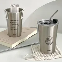 New  Stainless Steel Coffee Mug with Straw Lid Portable Coffee Cup Drinking Beer Milk Water Cup Restaurant Bar Party 500ml 1