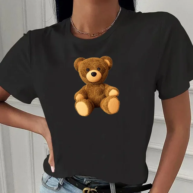 Fashion Bear Print Women T-Shirt Harajuku Round Neck Casual Loose Short Sleeve Summer Slim Soft Tops Clothing Hip Hop Streetwear 2bear006