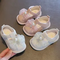 2024 Autumn New Girl Leather Shoes Spring Kids Mary Jane Sweet Pearl Lace Bow Princess Single Shoe Soft Soled Baby Walking Shoes 2