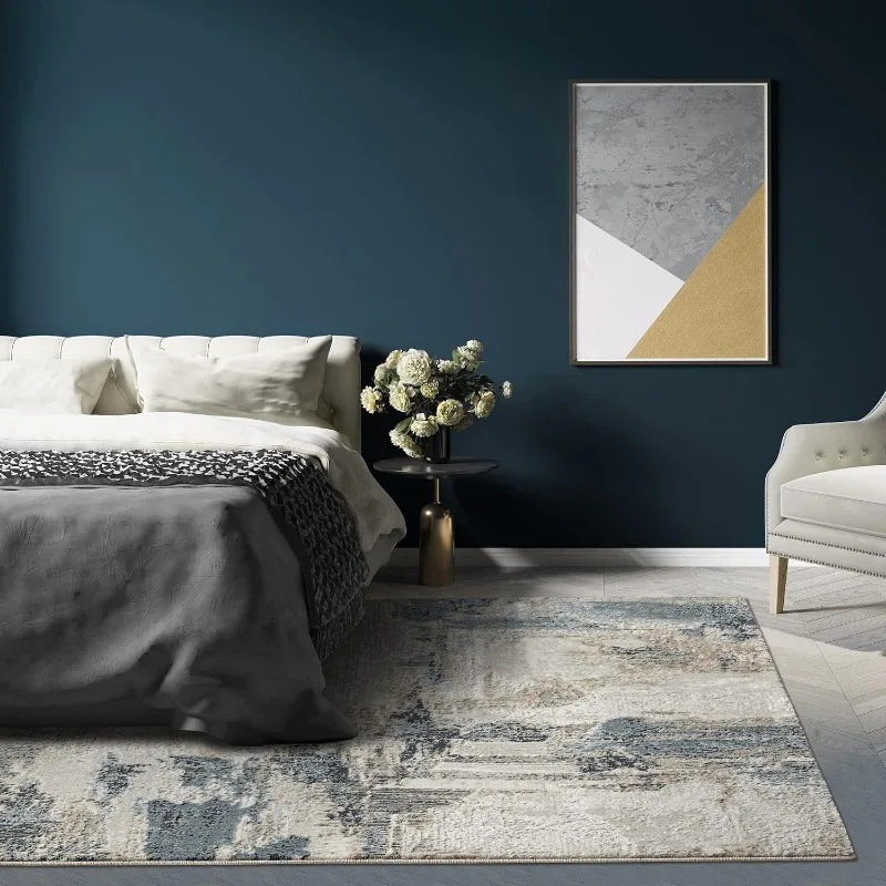 Distressed Abstract Blue Area Rug, Non-Shedding Carpet