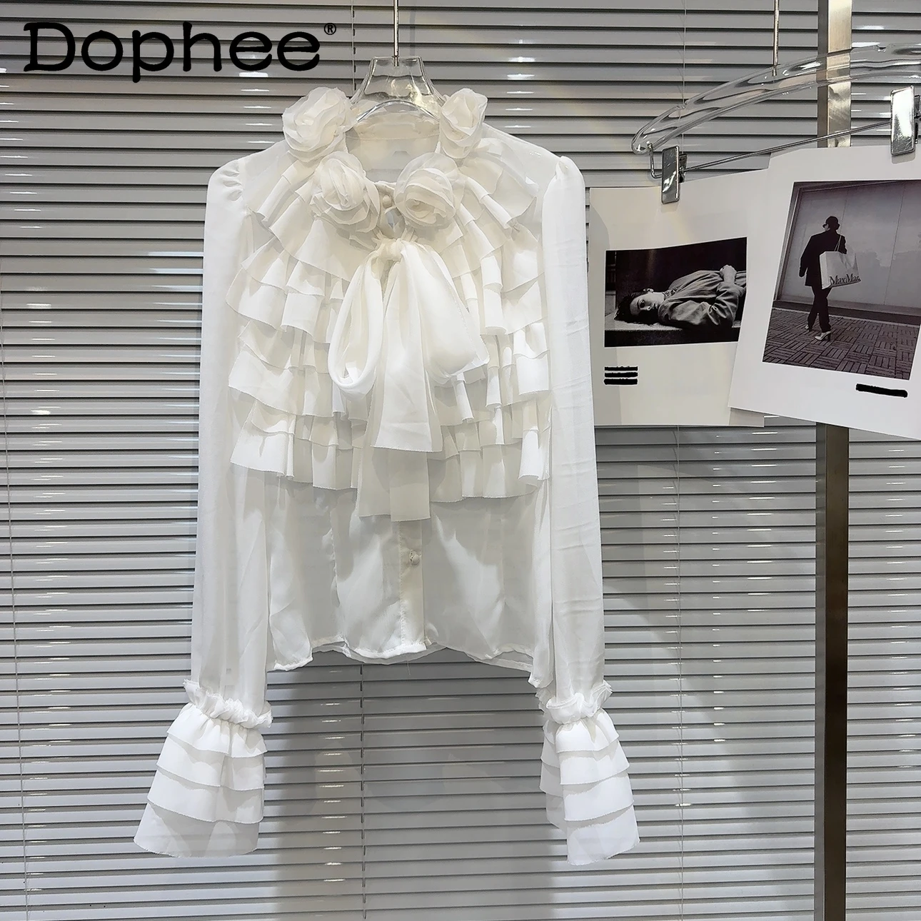 

2024 Spring Woman's Sweet Blouse New Classic Style Pleated Lace-up Collar Edge Elegant Chiffon Shirt Flower Top White Blusas