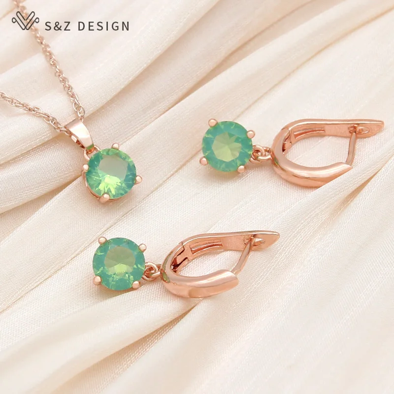 S&Z DESIGN New Fashion Round Crystal Drop Earrings Jewelry Sets For Women Wedding 585 Rose Gold Color Pendant Necklace Gift