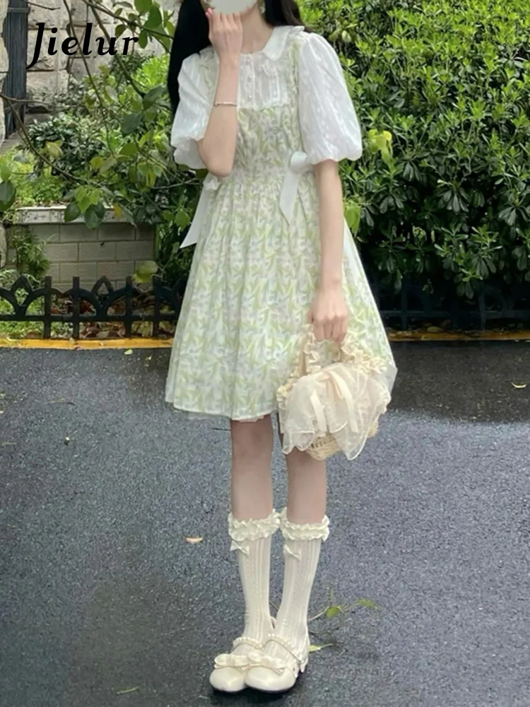 

Jielur Summer New Slim Sweet Women Dress Fake Two Piece Sweet Ladies Floral Dress Woman Slim Waist Green Korean Dress Female