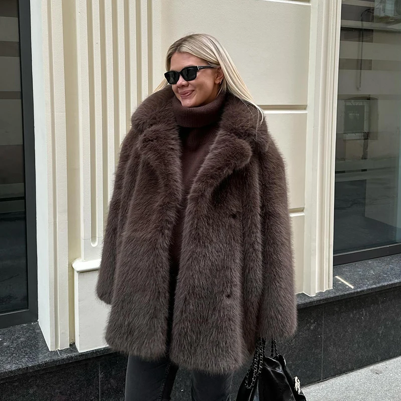 Fashion Faux Fur Jacket Coat Women Warm Fluffy Loose Long Sleeve Lapel Female Overcoat Winter Yellow Lady Street Outwear