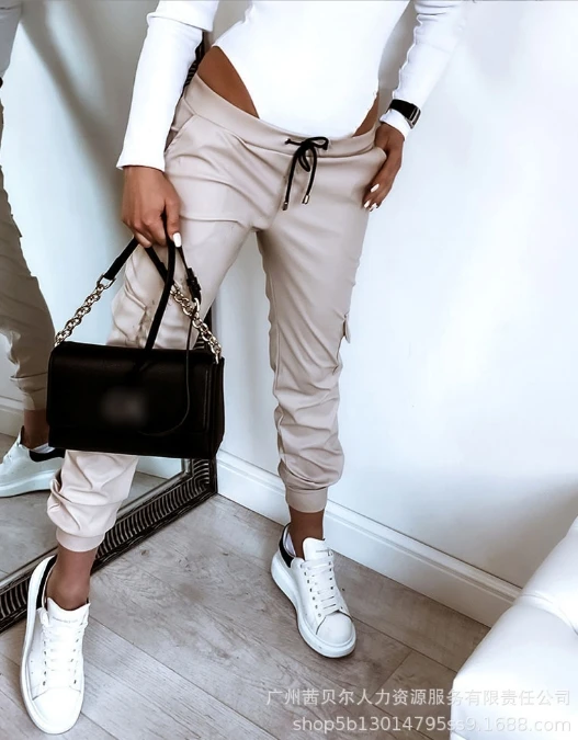 Women's casual pants 2024 spring/summer new women's casual daily elastic waist leather pants