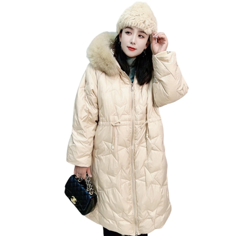 Large size down jacket women fat 2023 new x-long real wool big collar 90% white duck down casual High quality light warm coat