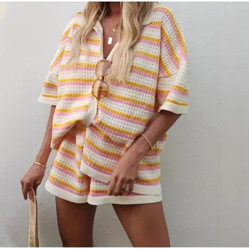Women's Summer New Loose Collared Hollow Fashion Striped Single Breasted T-shirt Shorts Set Vacation Two-piece Set 1