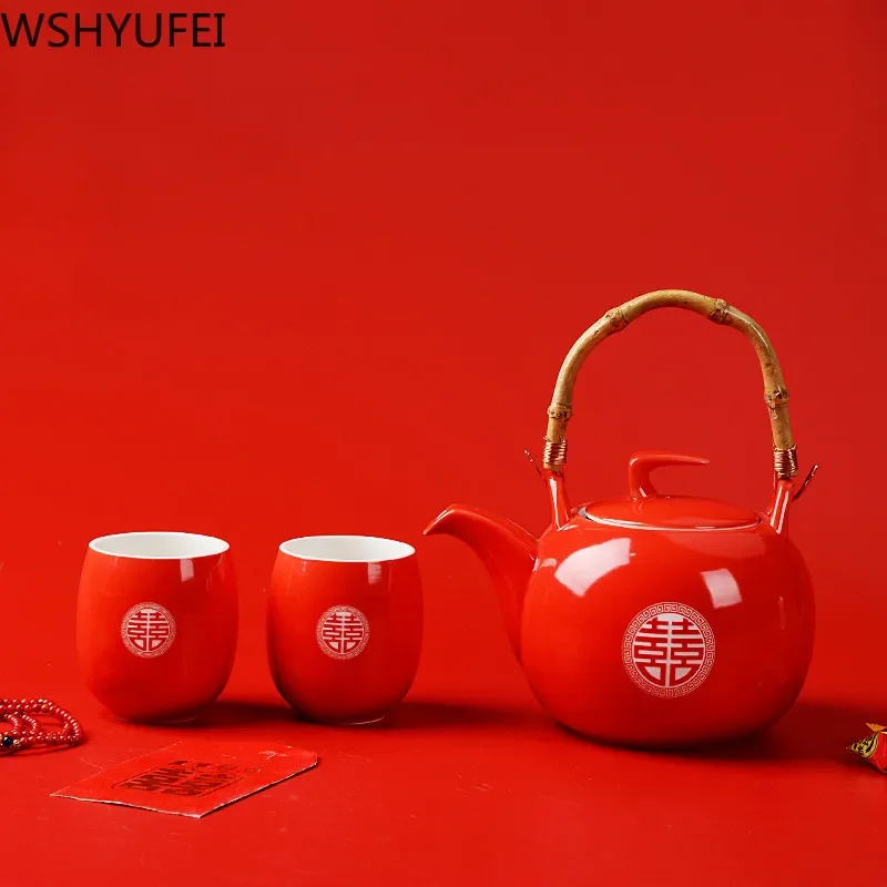 WSHYUFEI Ceramic Red Wedding Teapot Gifts Porcelain Chinese style wedding tea set porcelain teapot set filter Luxury Gift