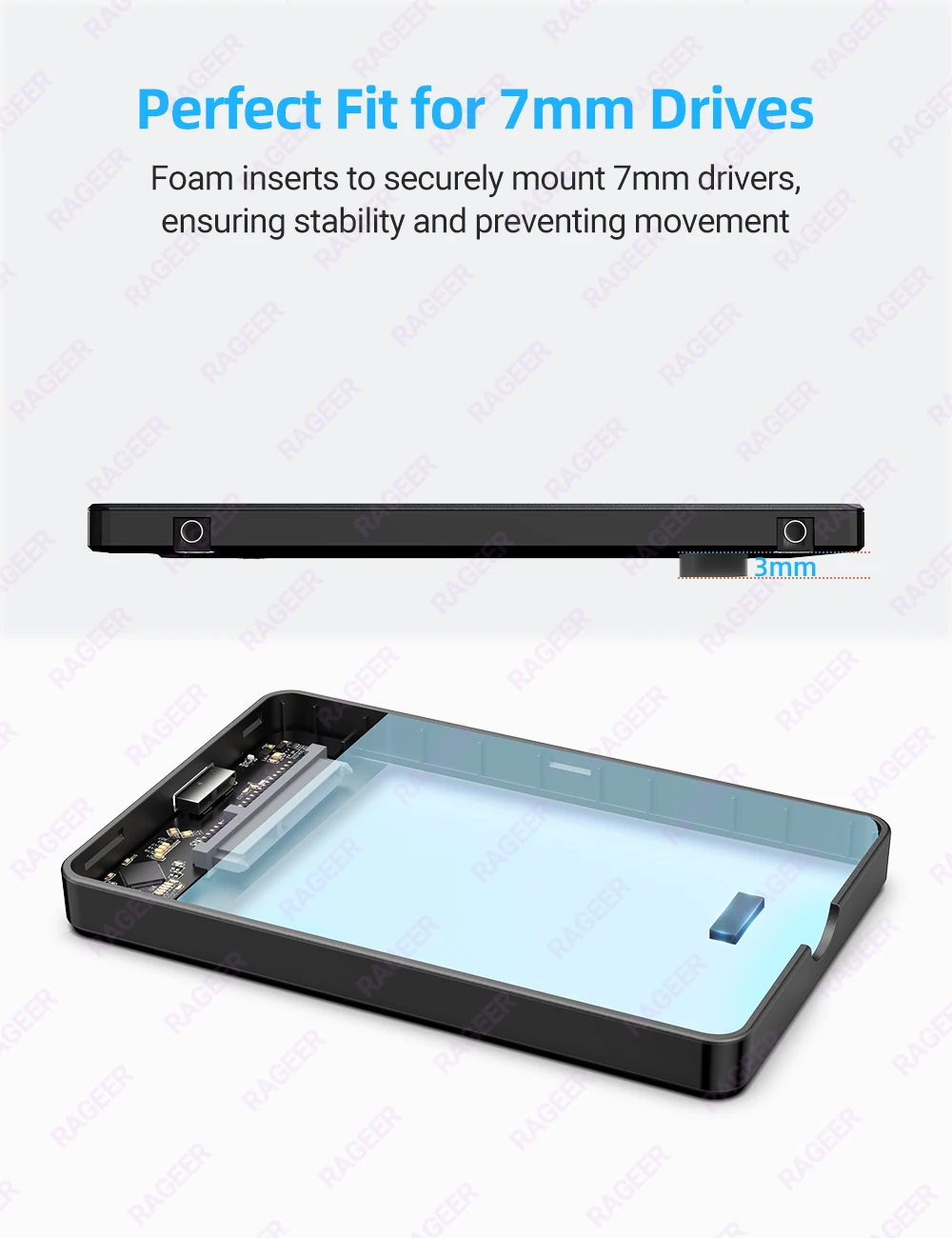 Rageer 2.5 "HDD-Gehäuse 5 Farben externes Festplatten gehäuse USB 3,0 bis Sata 3,0 5 Gbit/s Festplatten gehäuse für 7mm/9,5mm 2.5" Festplatte – Detail 5