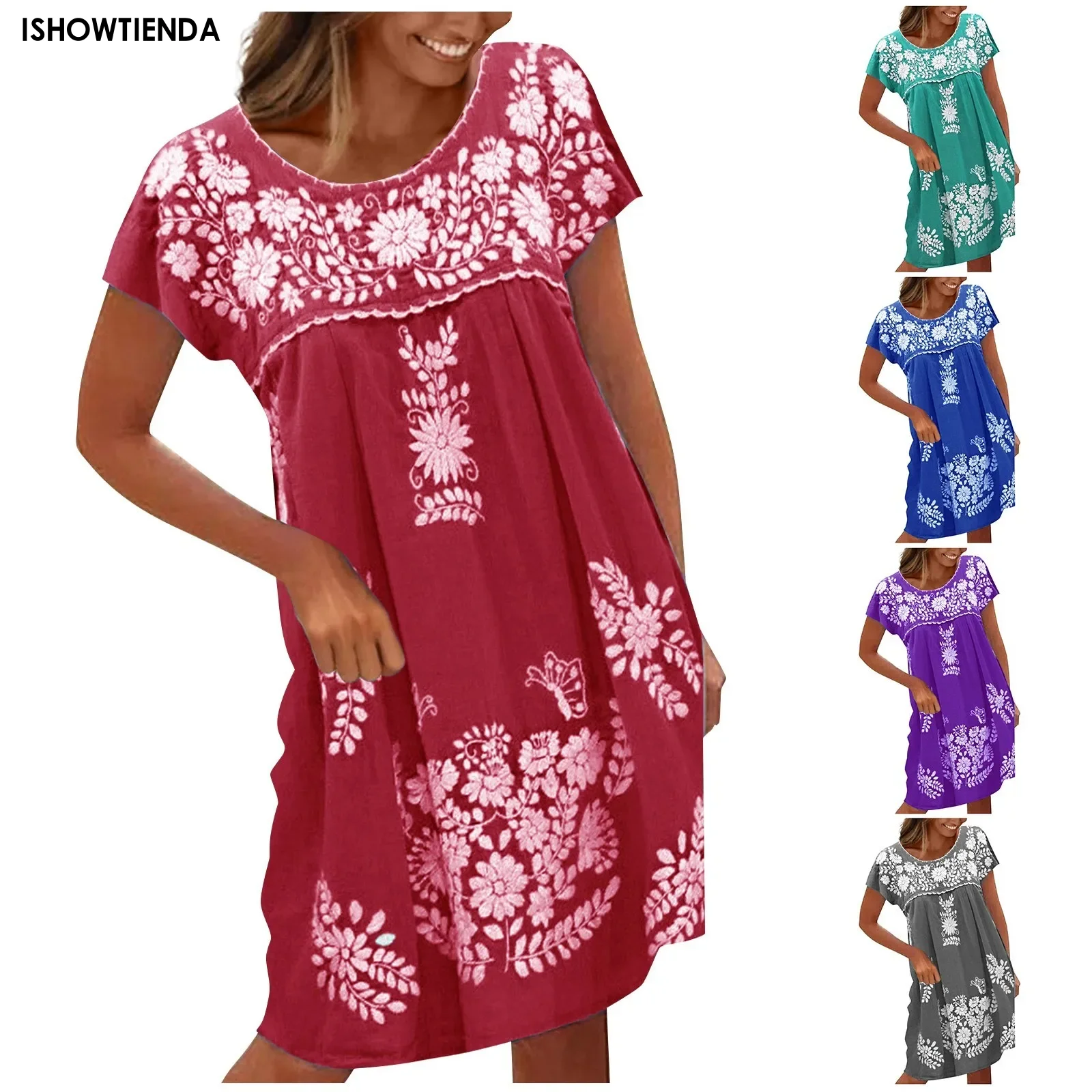 

Women's Summer Dress Loose Round Neck Ethnic Style Round Neck Raglan Short Sleeve Dress Round Neck Raglan Ethnic Style Dress