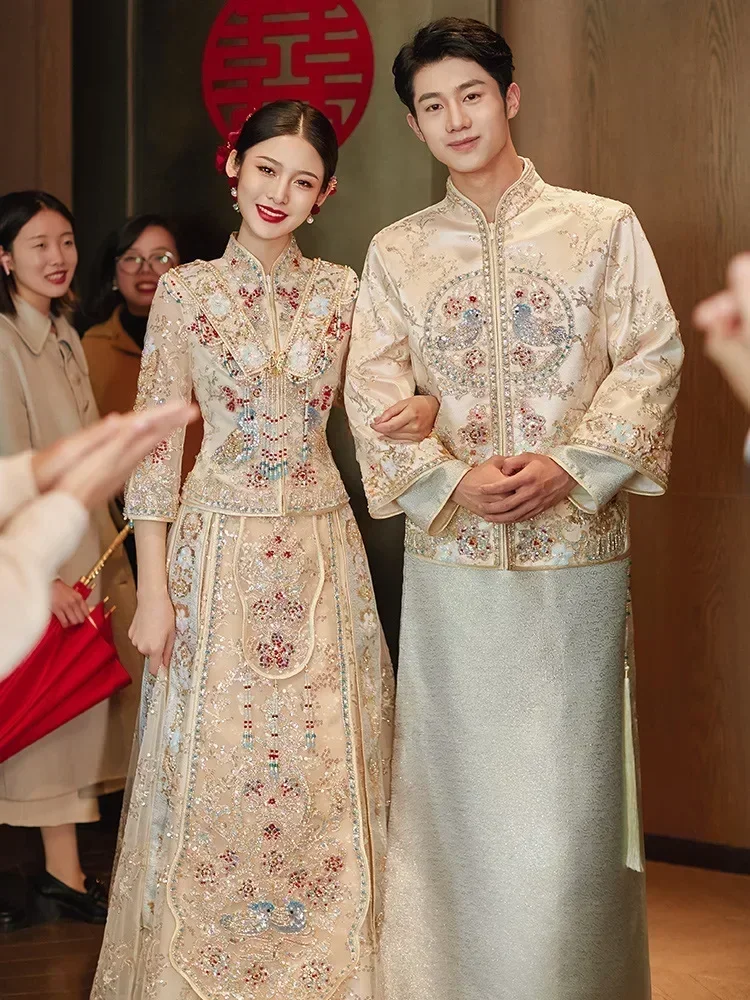 Traditional Clothing Women Xiuhe Bride Wedding Dress Chinese Top Toast Set Female Groom Tang Suit