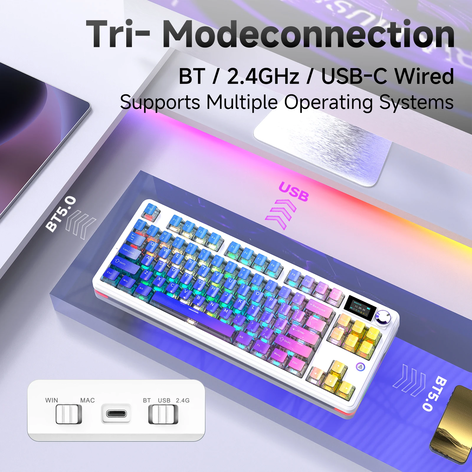 AJAZZ MK87PRO 듀얼 8000HZ 무선 블루투스 기계식 키보드(1.14인치 TFT 컬러 스크린 및 10000mAh 무선 키보드 포함)