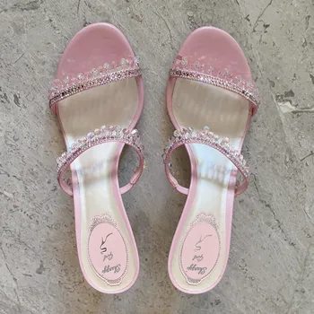 2025 Summer New Sexy Women Sandals Thin Heel Rhinestone High Heels Open Toe Backless Slippers Fairy Style 1