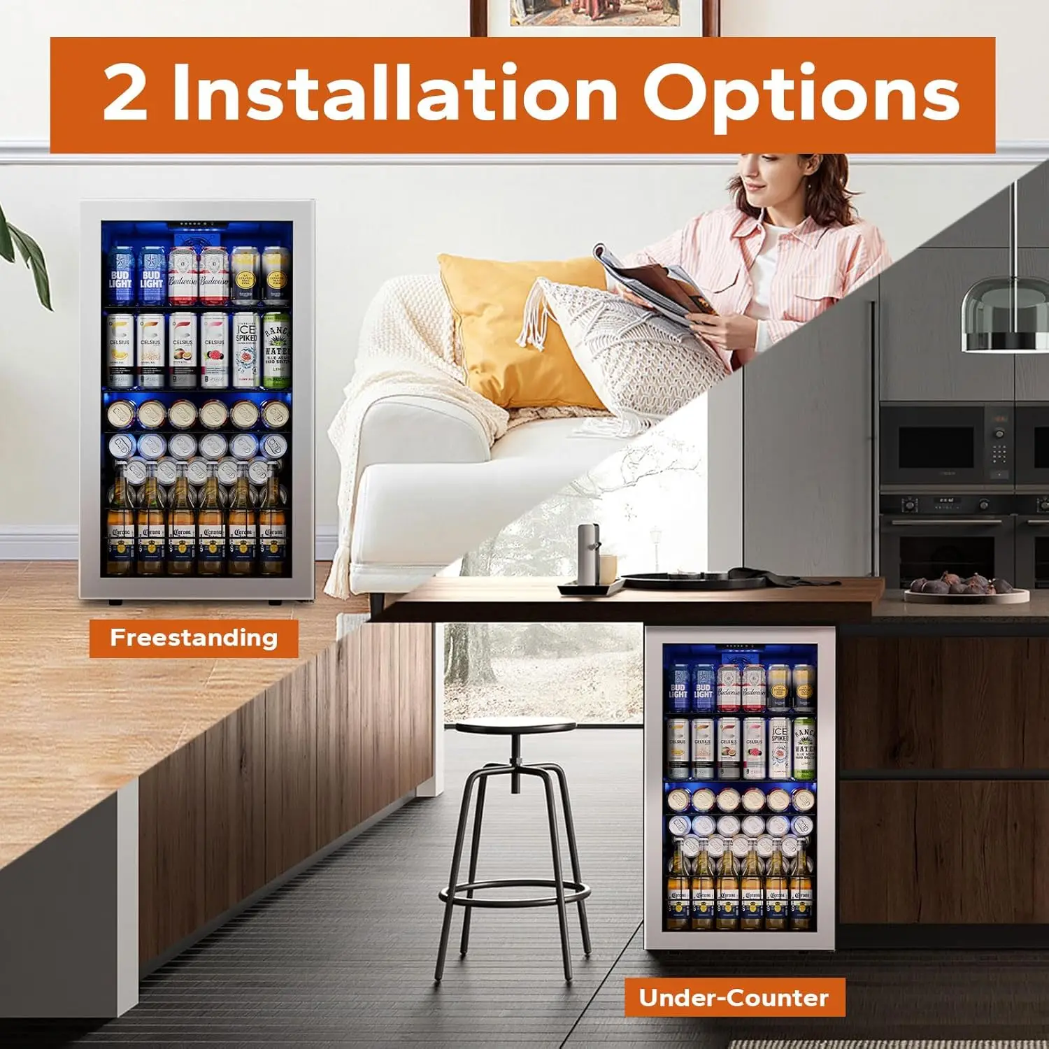 Beverage Refrigerator Cooler 140 Can Small Beverage Fridge Drink Fridge with Glass Door for Beer Soda Freestanding and Under
