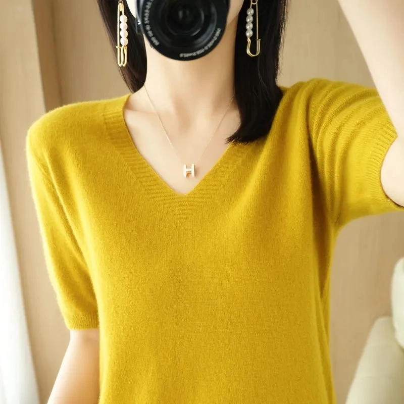 

2023 новый модный кашемировый свитер с V-образным вырезом, Женский вязаный пуловер с коротким рукавом, женский свободный кашемировый свитер, вязаный джемпер