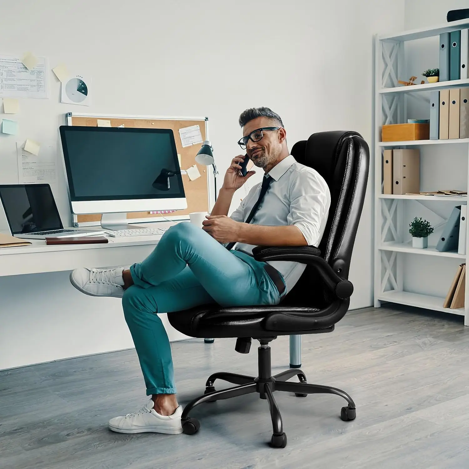 ergonomic high-back office chair with lumbar support and padded adjustable arms for home office use