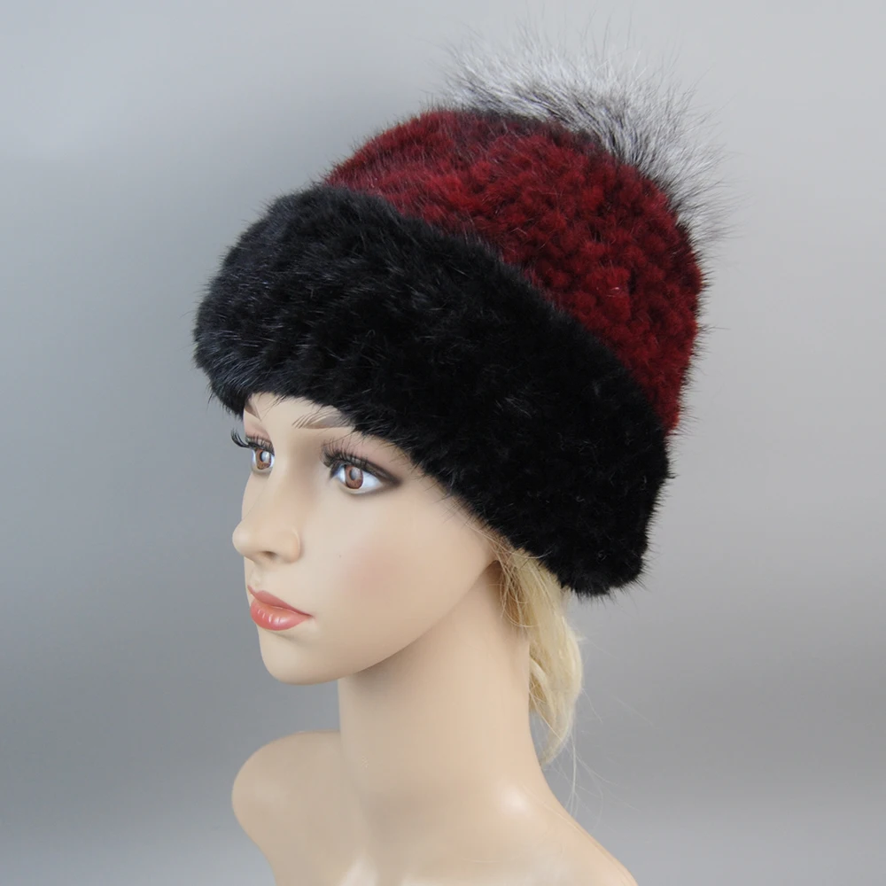 Fashion Real Mink Fur Hat For Winter Women Imported Knitted Mink Cap With Fox Fur Hot Sale High Quality Women Beanies Hat