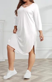 Women's Plus Size 3/4 Sleeve Criss Cross V Neck Sleep Dress Loose Casual Loungewear Nightgown