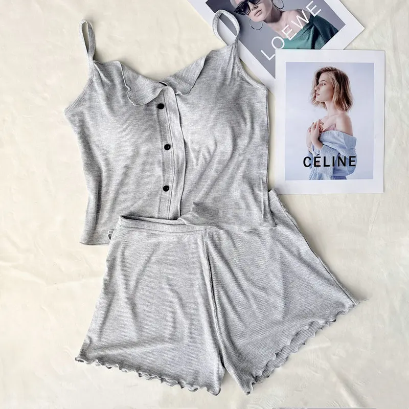 Conjuntos De Pijama Neue Sexy Baumwolle Sling Top Shorts Set Bh Pad Sommer Nachtwäsche Pyjamas Für Frauen Hause Tragen Nachtwäsche Anzug – Detail 13