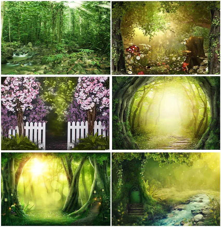 

Spring Natural Scenery Forest Trees Mushroom Sunshine Backdrops Photographic For Kids Birthday Baby Shower Decor Backgrounds