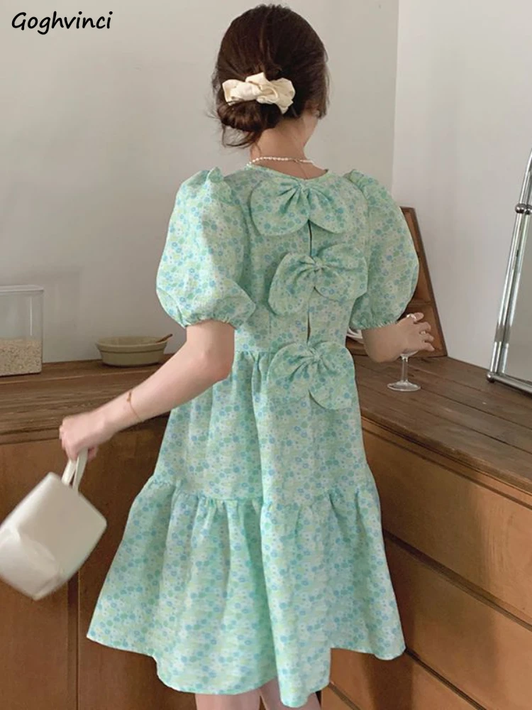 

Green Mini Dresses Women Tender Puff Sleeve Aesthetic Bandage Design Kawaii Mujer Holiday Summer Floral Clothes Basic Prevalent