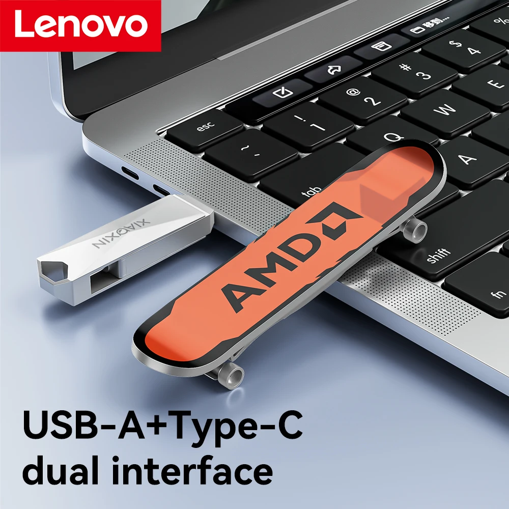 레노버 128GB 스케이트보드 USB 드라이브, 듀얼 USB-C & USB-A 포트, 360 °   회전 가능한 고속 SSD 플래시 드라이브 (휴대폰/노트북용)