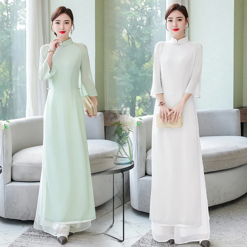 

Spring Summer Ao Dai Vietnam Slim Set Women Casual Long Tops Wide Leg Pants Two Pieces White Light Green Chinese Styles Clothing