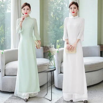 Primavera estate Ao Dai Vietnam Slim Set donna Casual top lunghi pantaloni a gamba larga due pezzi bianco verde chiaro stili cinesi abbigliamento 1
