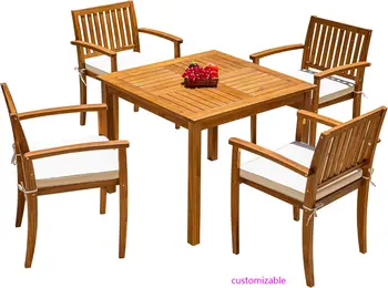5 Piece Outdoor Dining Set Acacia Wood Patio Table and Chairs with Soft Cushions Patio Furniture for Deck, Backyard, Garden 1