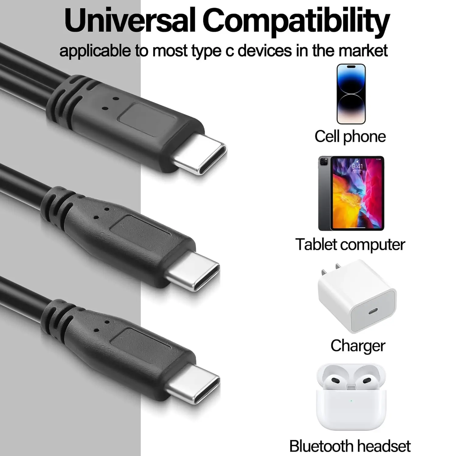 0.3M USB-C Y 스플리터 1입력 2출력 충전 케이블 듀얼 타입-C 3A 5V 충전 코드 휴대폰 태블릿 헤드셋 파워뱅크용