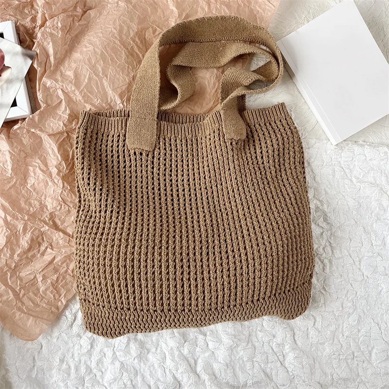 Retro Women's Knitted Shoulder Bag Large Capacity Woven Crochet Handbag Hollow Shopper Bag for Girls