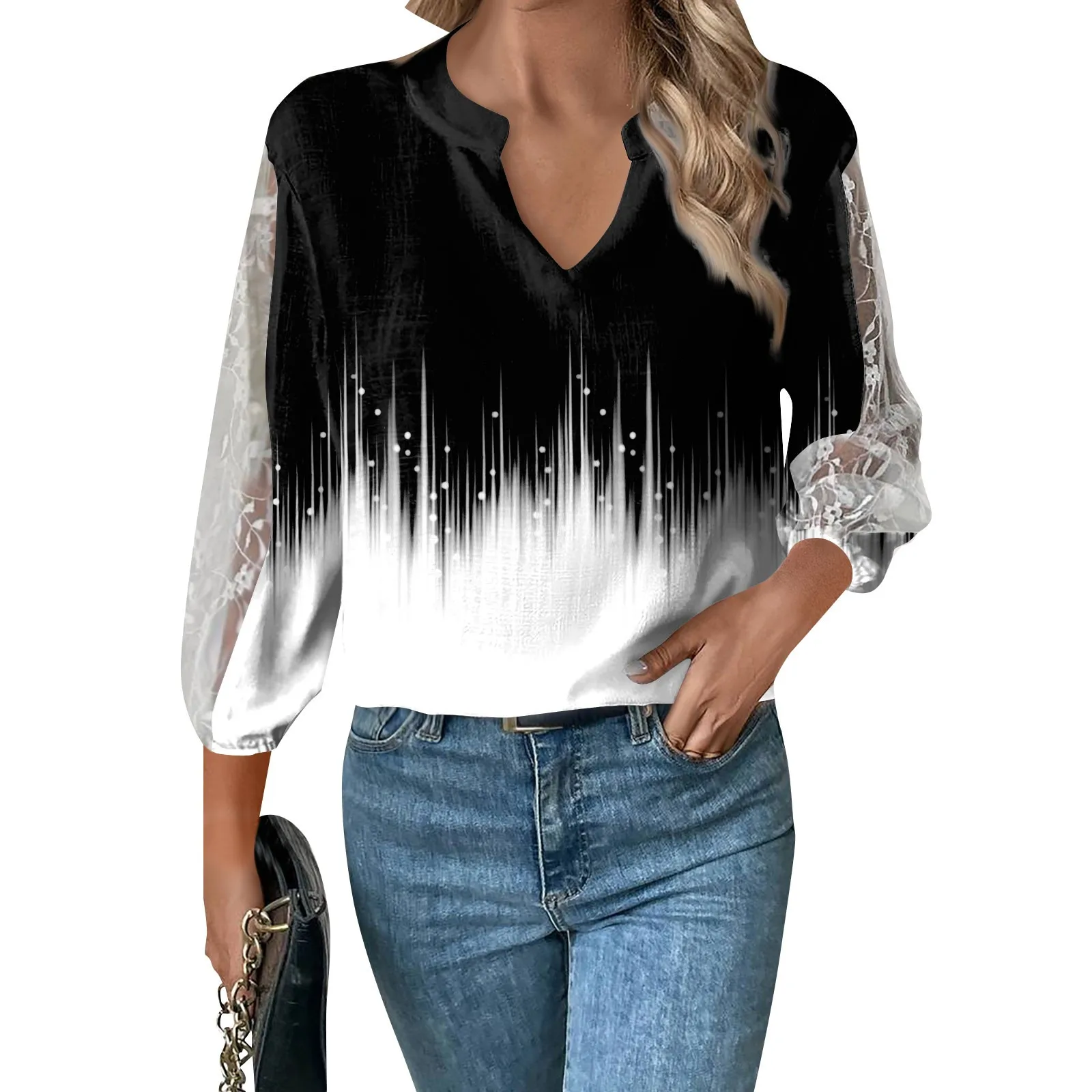 

Women's 3/4 Sleeve Loose Casual V-neck Top Printed Lace Hollow Sleeve T-shirt Top dames kleding 2024 zomer koszulki 플러스사이즈 상의