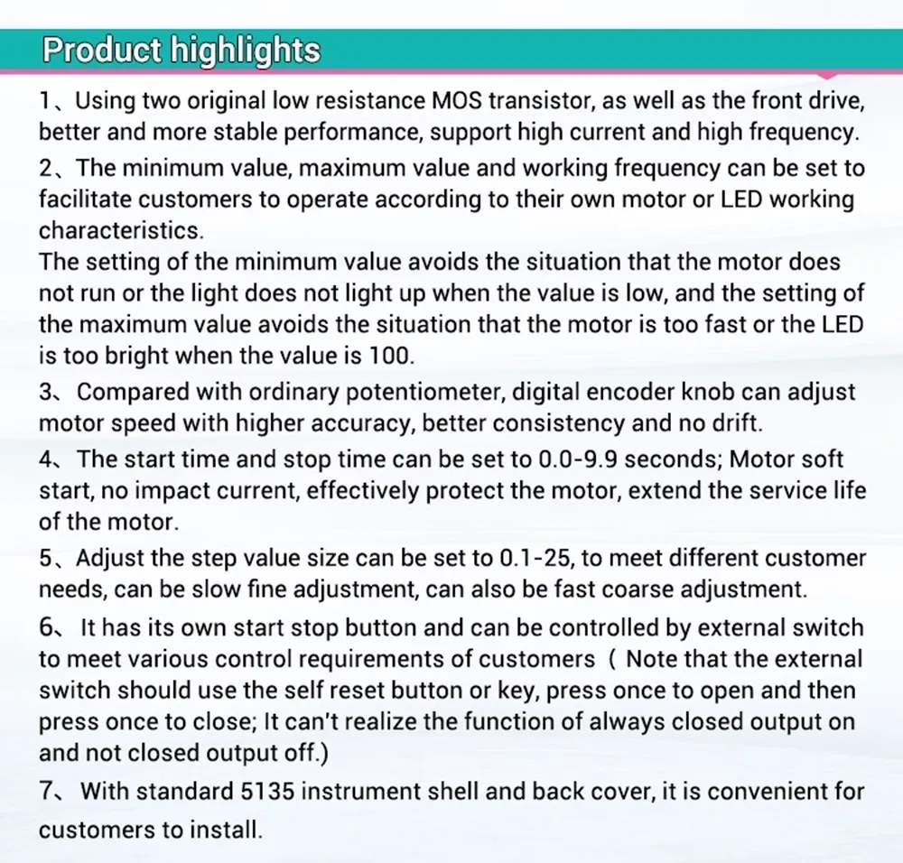 Description Picture 5 of itemZK-MGP Adjustable Speed PWM DC Motor Controller 5-30v 12A 360W 6V 12V 24V Slow Start Slow Stop Module