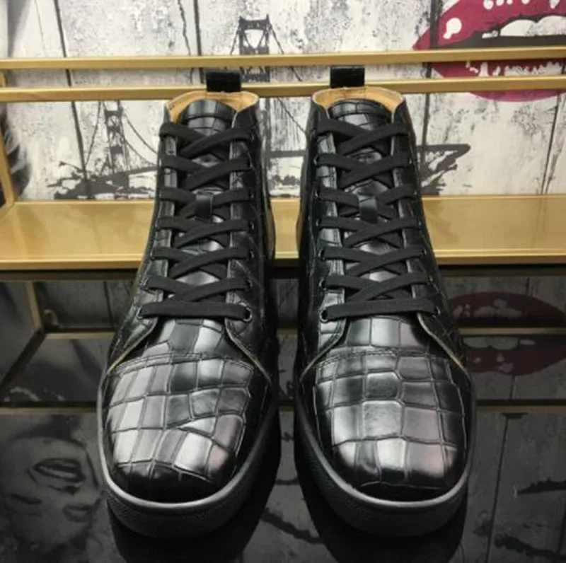 Real Leather Black Stone Pattern Shoes Luxury Trainers Ankle Lace Up Sneaker High Top Streetwear Walking Shoe Basketball Male 3