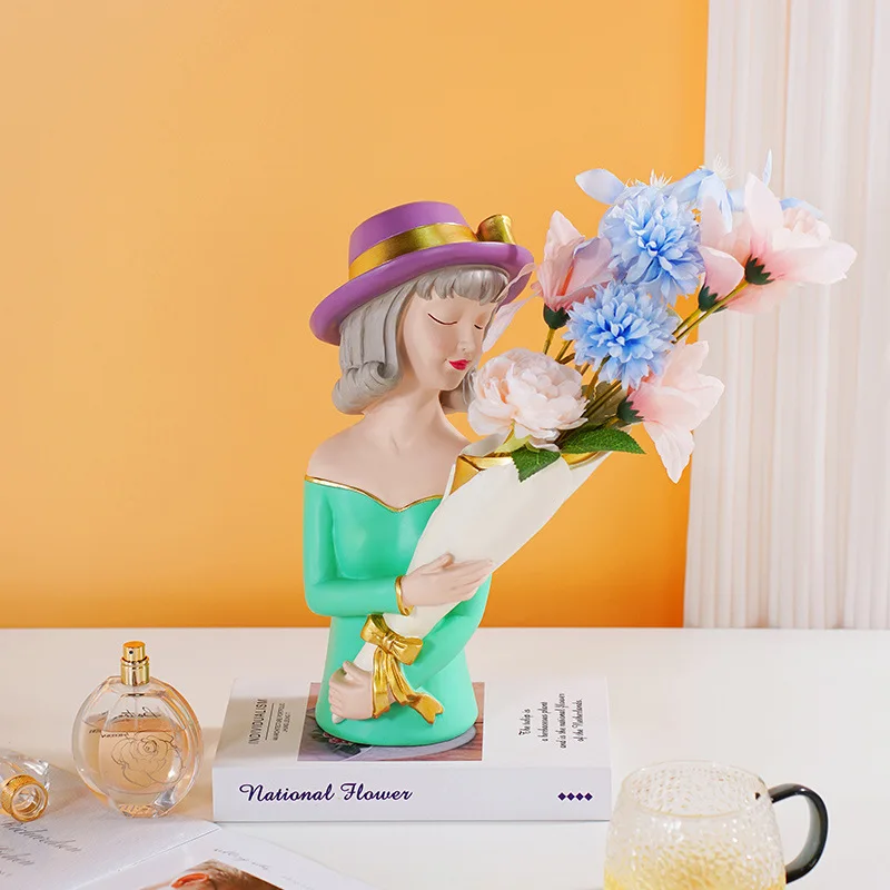 Simple Bouquet Girl Sculpture Ornament Resin Figure Vase Bedroom Jewelry Cosmetics Storage Box Fruit Candy Dessert Storage Tray 5