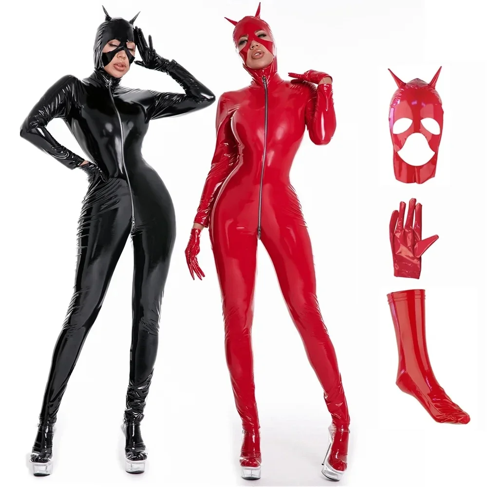 

Women's Latex Catsuit Wet Look Shiny PU Faux Leather Jumpsuits Suit Long Sleeve Zip Open Crotch Bodysuit Clubwear
