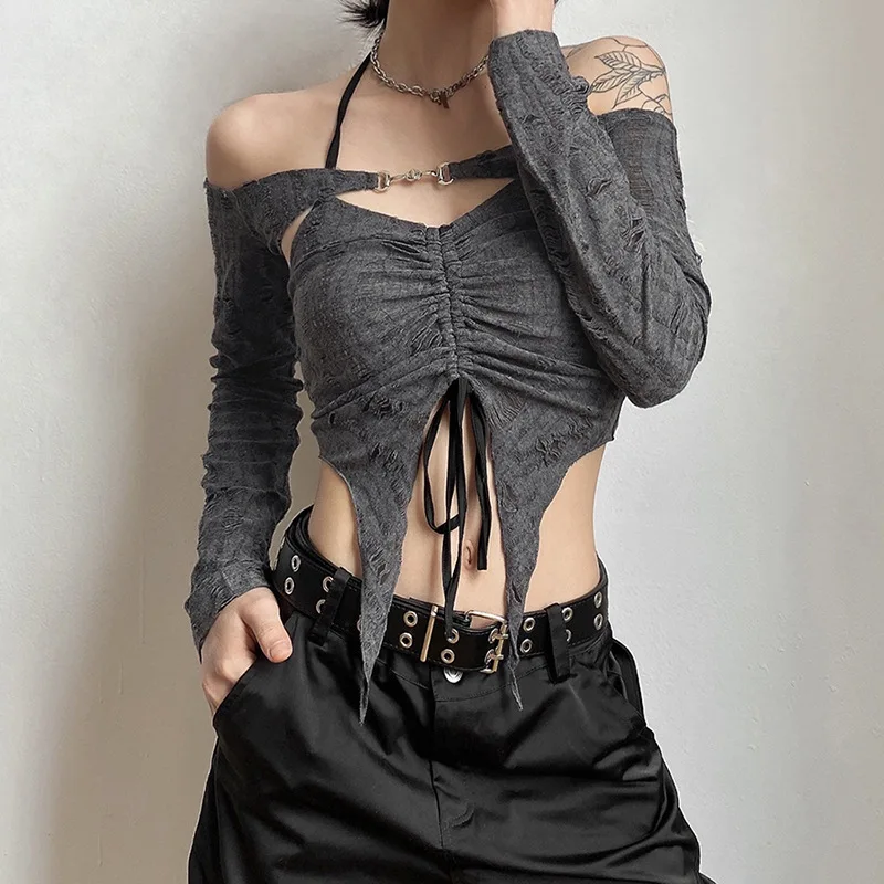 Goth Dark Vintage Mall Gothic Drawstring Women T-shirts 2 Piece Set Y2k Retro Fairy Grunge Camisole Long Sleeve Buckle Crop Tops