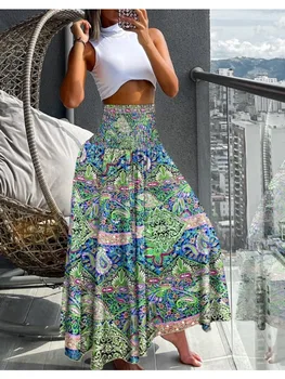 Women Fashion Floral Print Folds Bohemian Elastic High Waist  Skirt Ladies Knee-Length Long Skirts For Women 2