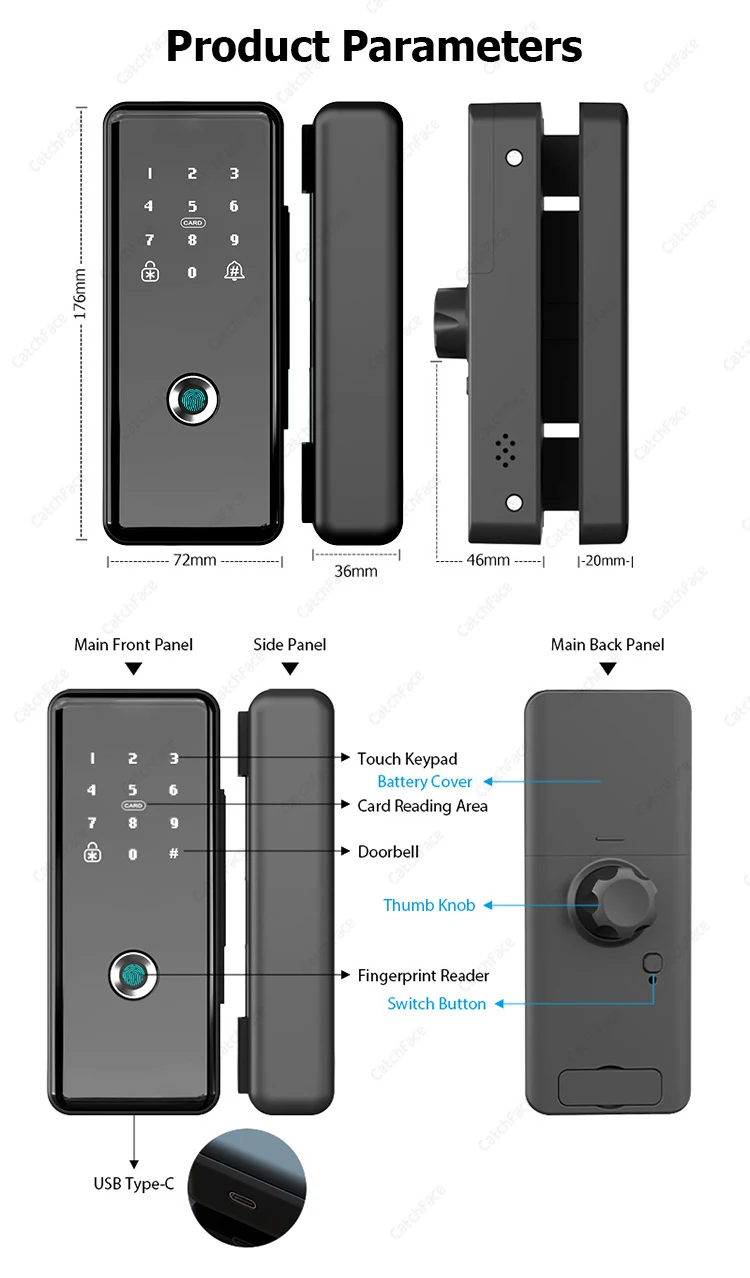 Mechanical Key TTLOCK Smart Lock For Glass Door Fingerprint Code Card Electronic