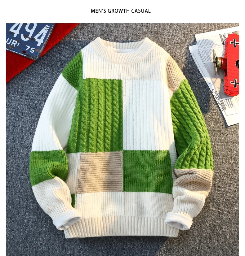 Men's Knit Sweater - Autumn Winter Plaid Patchwork Pullover | Thick Round Neck Casual