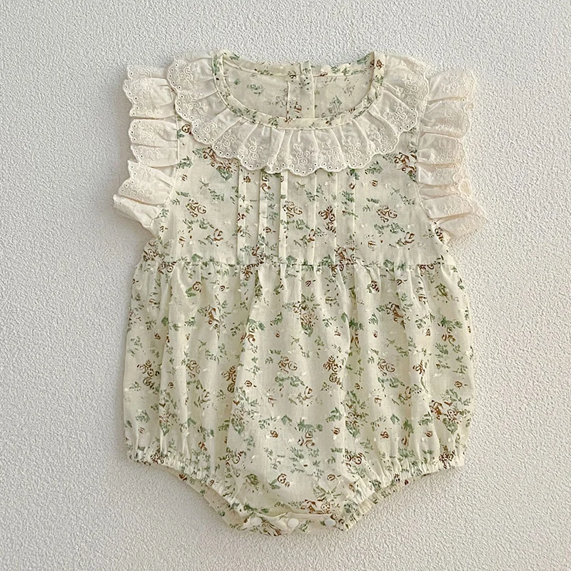 여름 Jumpsuit  소녀 Bodysuits 0-24M  소녀 Romper 레이스   Jumpsuit 귀여운 꽃 프린트 Ruffle Sunsuit 의상