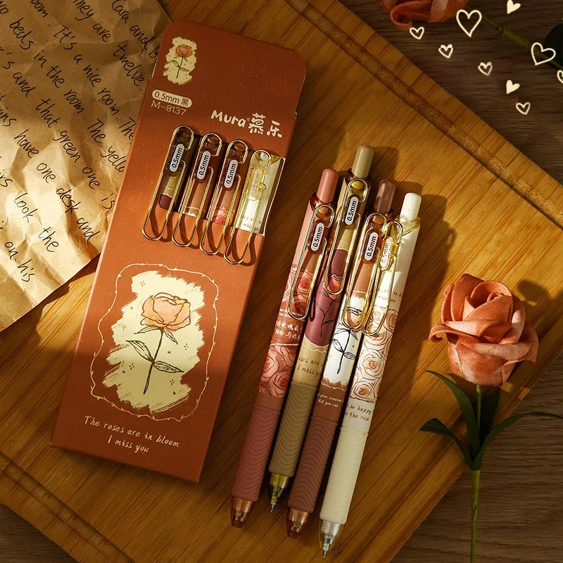 유럽 장미 젤 펜, 귀여운 편지지, 빈티지 0.5mm, 검정 잉크, 중립 펜, 귀여운 서명 펜, 사무용품, 4 개