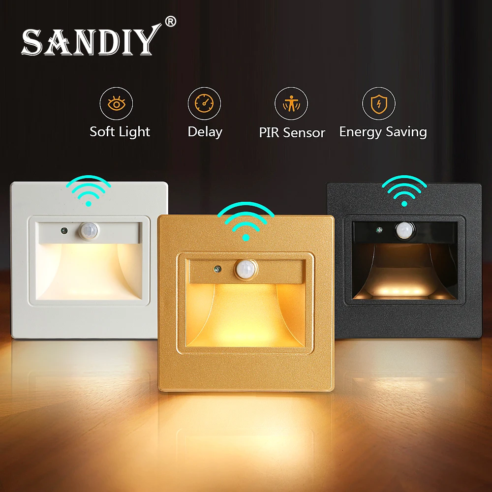 SANDIY Wall Light Recessed Led Stair Lamp Motion Sensor Nursery Nightlight for Step Ladder Hallway Home Decor Sconce PIR 95*95