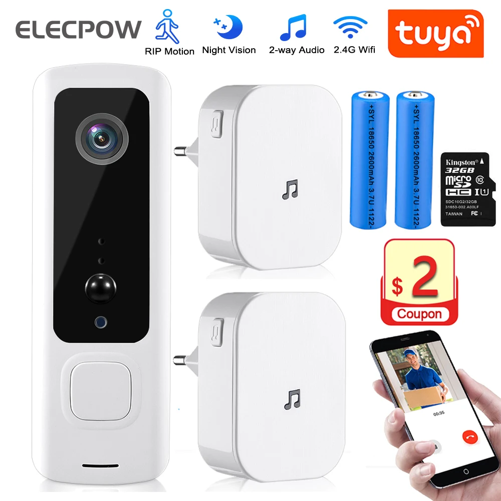 Видеозвонок Elecpow Tuya беспроводной с Wi-Fi и камерой ночного видения 155 градусов |