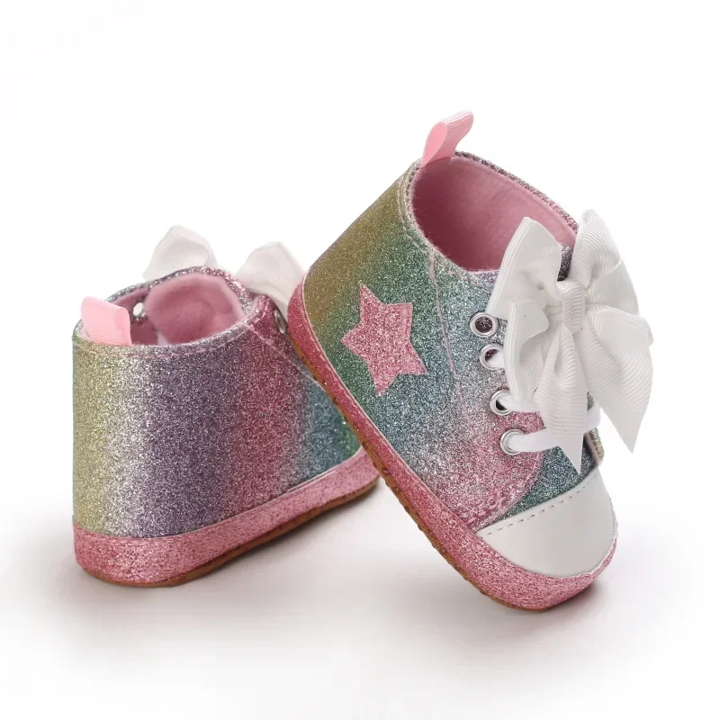 0-12M Newborn Baby Girl Boys Shoes Leopard Star Printed Bowknot Walking Soft-Soled First Walker Shoes 6